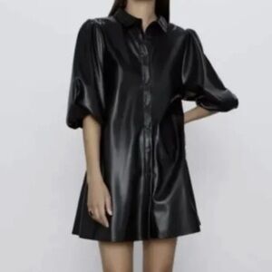 Zara black buttery soft vegan leather puff sleeve dress or long jacket size L